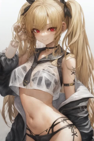 Twin tails, Watercolor painting, Small breasts, Grinning, Under boob, Masterpiece, See-through